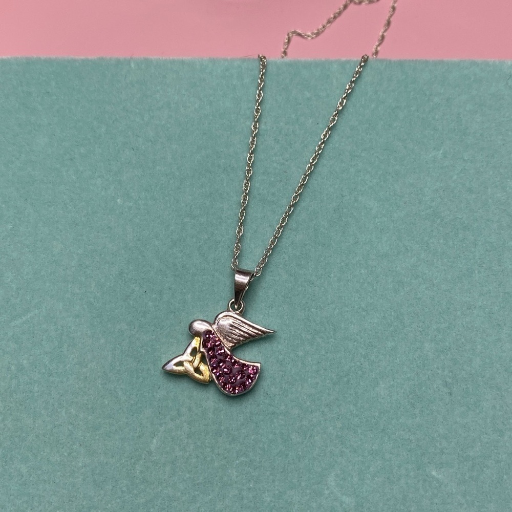 💛 Vintage 925 Silver Angel Pendant Necklace with Pink and 14k Gold Accents